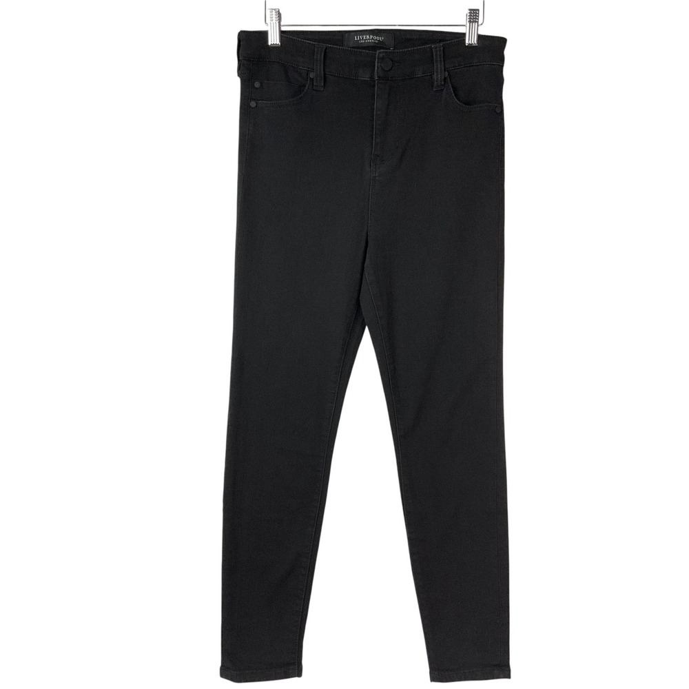 Liverpool Black Rinse Skinny Jeans 6P/8 Button Zip Mid Rise Stretch Denim